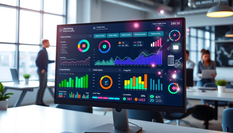 Automated KPI reporting dashboard displaying marketing analytics automation, AI reporting assistant, automated dashboard creation, cross-channel performance tracking, client analytics automation, marketing data visualization, ROI tracking dashboard, TapClicks AI platform, and campaign performance insights in a modern office setting.