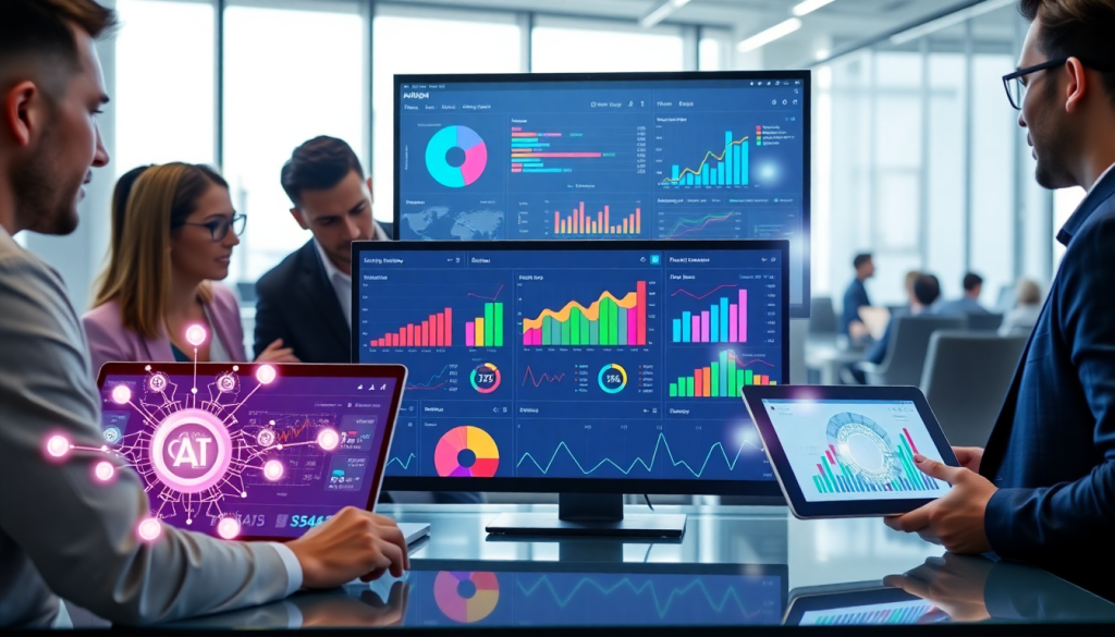 Team collaborating using a marketing dashboard automation tool, featuring AI-powered dashboard creation, real-time marketing analytics, and multi-channel data aggregation.