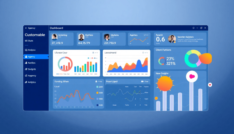 White-label marketing dashboard for agencies showcasing customizable client dashboards, branded analytics software, and automated data visualization for cross-channel agency reporting and performance tracking for clients.