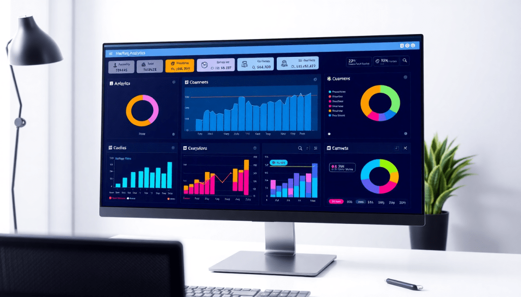Automated KPI reporting dashboard displaying marketing metrics, AI analytics, and real-time performance data for digital campaign tracking and ROI visualization.