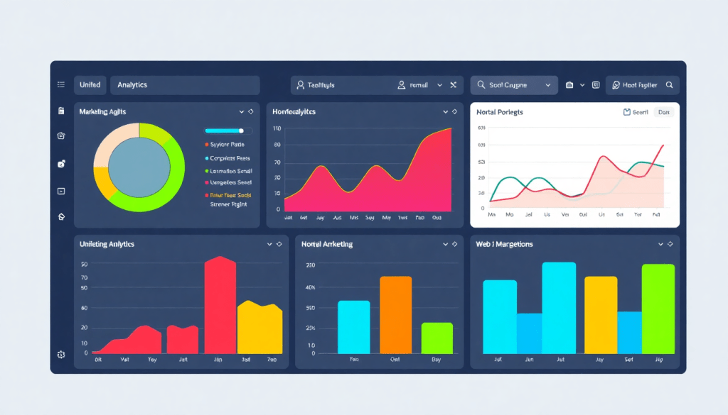 Multi-channel analytics dashboard displaying cross-channel marketing analytics, performance tracking, and campaign performance visualization for integrated marketing metrics and automated insights.