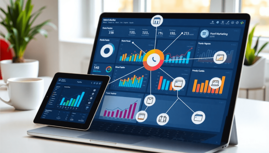 Multi-channel analytics dashboard displaying cross-channel marketing performance with integrated reporting features and campaign visualization on a laptop and tablet.