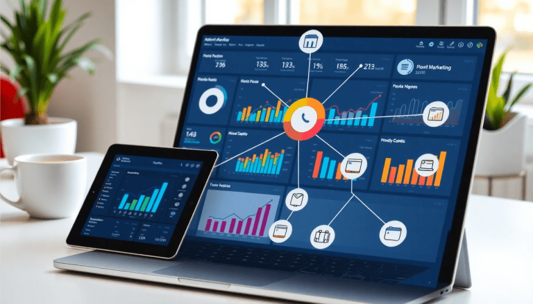 Multi-channel analytics dashboard displaying cross-channel marketing performance with integrated reporting features and campaign visualization on a laptop and tablet.