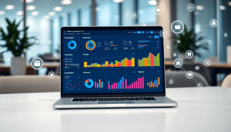 Laptop displaying a TapClicks marketing dashboard with AI-powered dashboard creation featuring real-time marketing analytics, automated reporting workflows, and multi-channel data aggregation in an office environment.