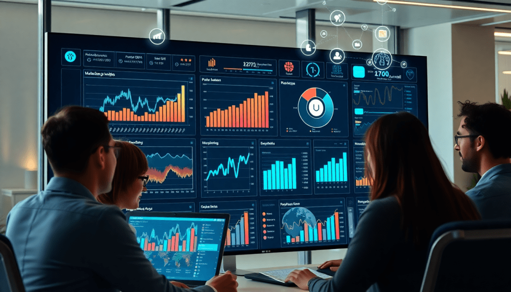 Group of professionals analyzing an AI-powered marketing dashboard displaying real-time analytics, automated reporting workflows, and multi-channel data aggregation for marketing automation, created using TapClicks.