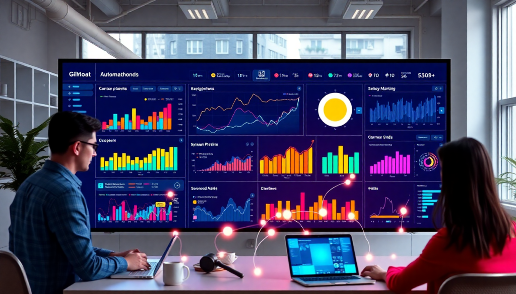 Modern office setup showing professionals using an AI-powered marketing dashboard for real-time analytics, multi-channel data aggregation, and automated reporting workflows, highlighting features of TapClicks marketing dashboard.
