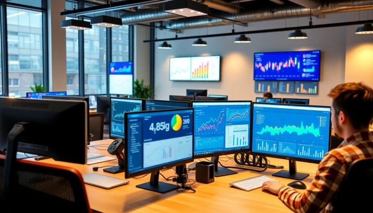 Marketing dashboard automation showcasing digital marketing data visualization with performance marketing KPIs on multiple screens, highlighting agency reporting automation and cross-channel analytics insights.
