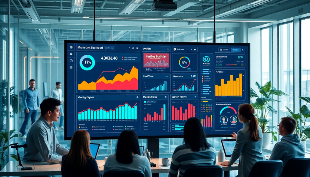 Marketing professionals analyzing a TapClicks marketing dashboard displaying automated reporting workflows, AI-powered dashboard creation, real-time marketing analytics, and multi-channel data aggregation.