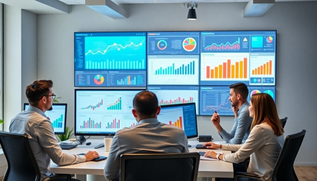 Team analyzing marketing data on screens featuring charts and graphs, representing NinjaCat alternative for automated reporting, client dashboard platforms, and cross-channel analytics solutions.