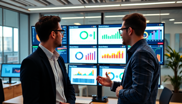 Two business professionals discussing marketing analytics dashboard displaying automated performance reports for agency reporting automation and client dashboard insights, featuring cross-channel analytics in a modern office setting.