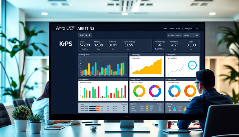 Digital marketing KPI dashboard displaying marketing metrics visualization, performance tracking, and campaign KPI monitoring with automated KPI reports on a large screen in an office setting.