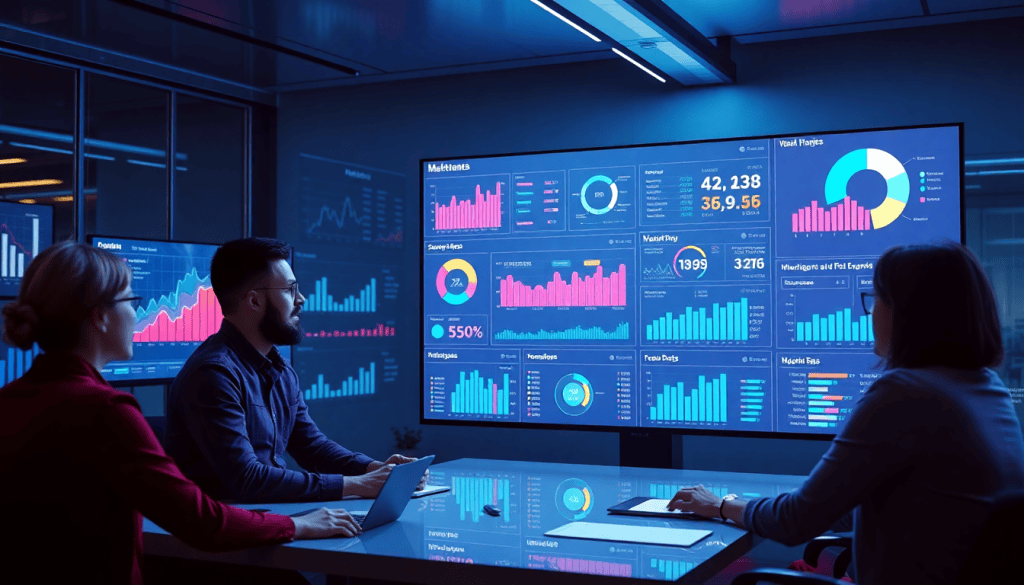 A team reviewing an AI-powered marketing dashboard with automated reporting workflows, real-time analytics, and multi-channel data aggregation in a conference room.