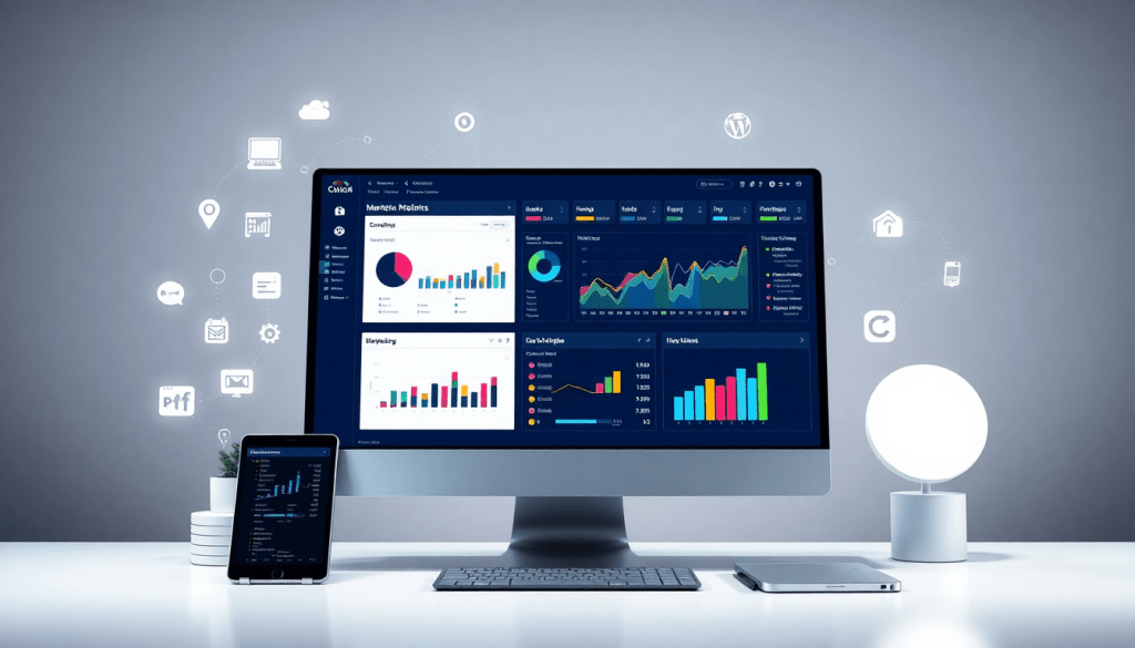 Digital marketing KPI dashboard showcasing marketing metrics visualization, performance tracking, campaign KPI monitoring, and automated KPI reports for cross-channel analytics and ROI tracking.
