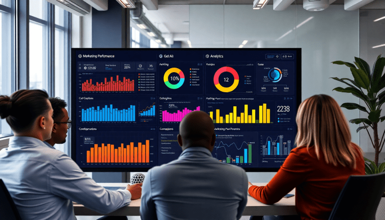 Marketing team using AI data visualization tool for marketing analytics automation, featuring AI reporting assistant, automated dashboard creation, cross-channel performance tracking, client analytics automation, marketing data visualization, ROI tracking dashboard, TapClicks AI platform, marketing intelligence automation, and campaign performance insights displayed on a large screen.