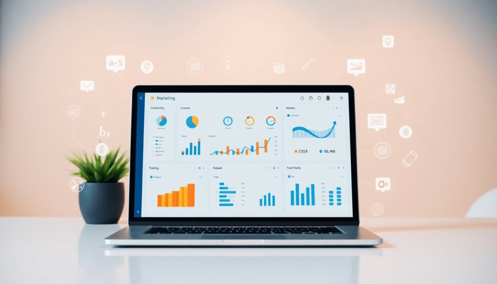 "Best marketing reporting software showcasing a marketing analytics dashboard on a laptop with automated performance reports, cross-channel analytics, and digital marketing data visualization."