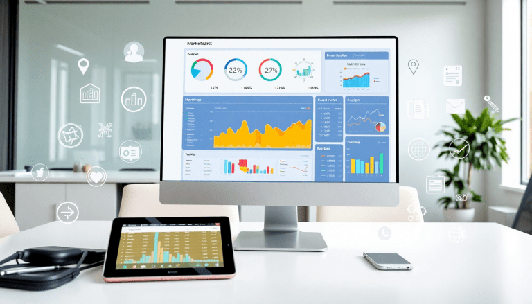 Marketing dashboard automation on a computer screen displaying AI-powered analytics, multi-channel data aggregation, and campaign performance with TapClicks software.