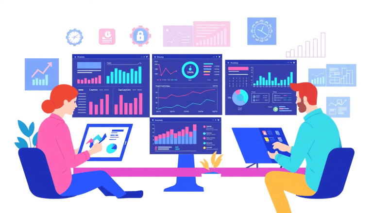 Two people using a client dashboard platform with multiple screens displaying automated marketing reports and analytics, highlighting NinjaCat alternatives and competitors like TapClicks and Supermetrics for agencies seeking cross-channel reporting tools and campaign performance tracking.
