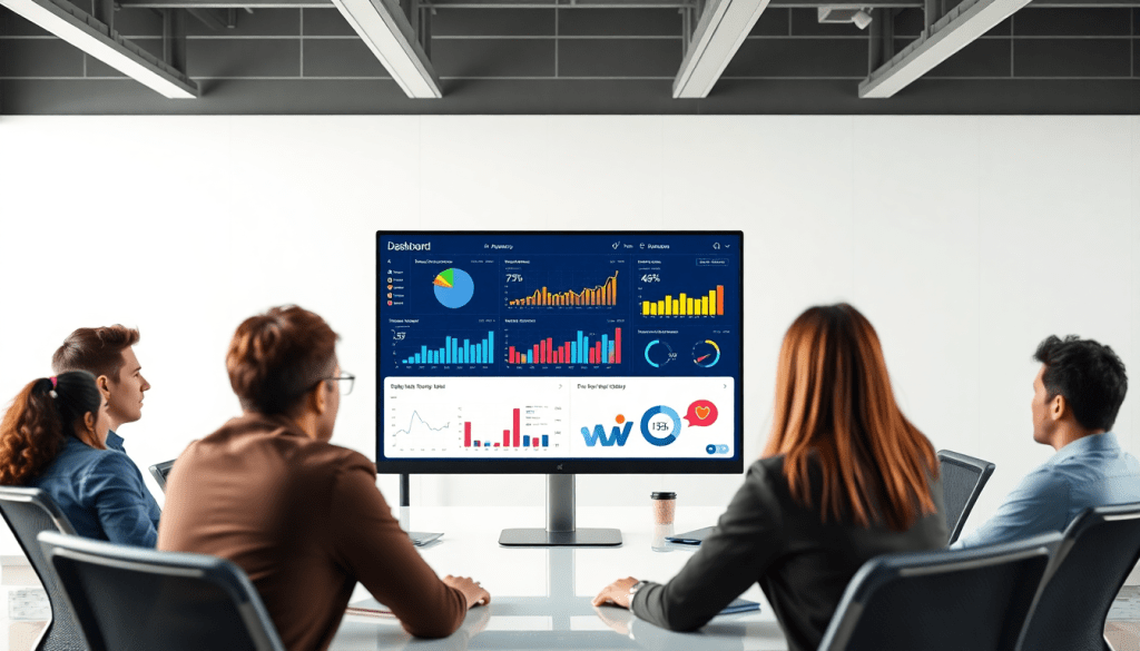 A group of people reviewing a white-label marketing dashboard for agencies showcasing customizable client dashboards, branded analytics software, and automated data visualization.