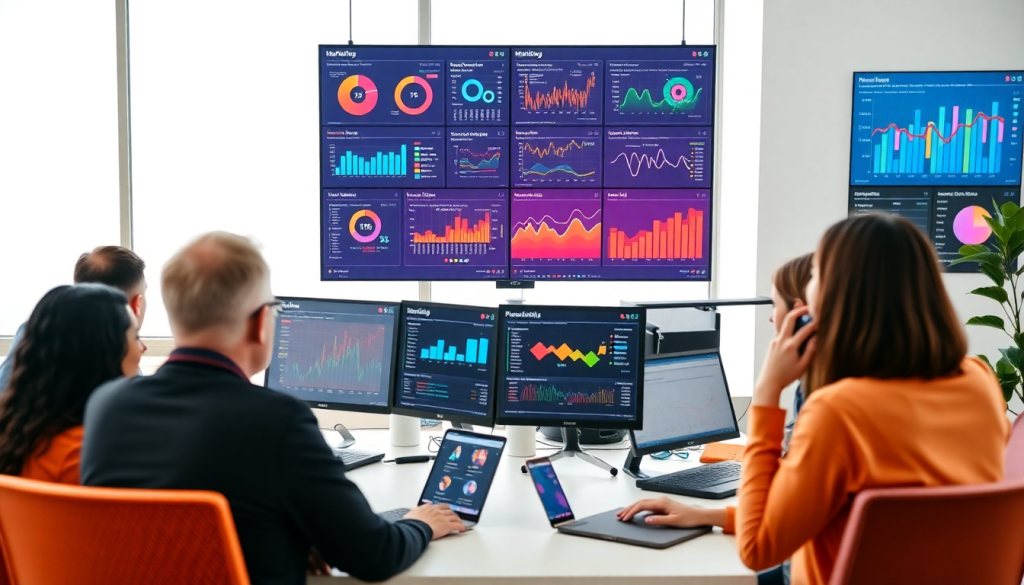 People analyzing marketing analytics dashboard on multiple screens, showcasing automated performance reports and client dashboard insights for cross-channel analytics, highlighting reporting automation for agencies and performance marketing KPIs, resembling a TapClicks reporting platform and Funnel.io comparison, essential for digital marketing data visualization.