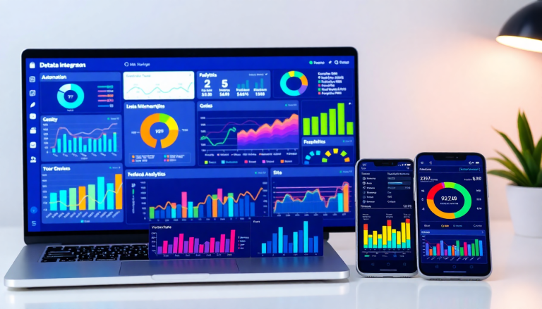 Marketing analytics dashboard on laptop and mobile devices, showcasing automated performance reports, cross-channel analytics, and digital marketing data visualization for agency reporting automation.