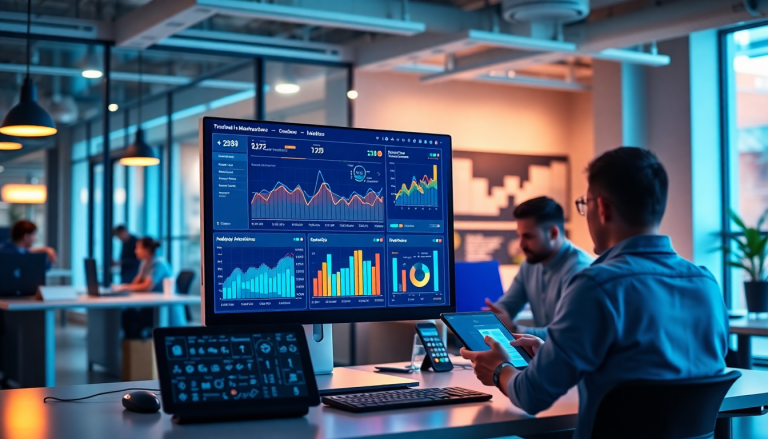 Automated KPI reporting dashboard displaying marketing analytics automation, AI reporting assistant features, and cross-channel performance tracking in a modern office setting.