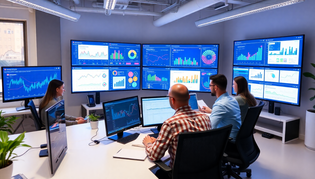 Marketing team using AI data visualization tool in a conference room setting, featuring automated dashboard creation and cross-channel performance tracking on multiple screens.
