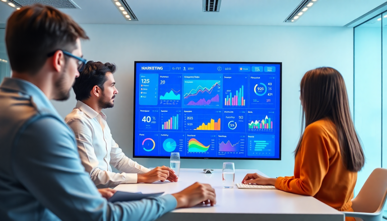 Team analyzing a marketing dashboard for automation and AI-powered reporting workflows, showcasing real-time marketing analytics, multi-channel data aggregation, campaign performance, and cross-platform dashboard features in a modern office setting.