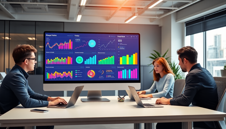 Three people analyzing data on a performance marketing reporting software dashboard, highlighting automated campaign reporting, performance analytics tool, and ad spend optimization.