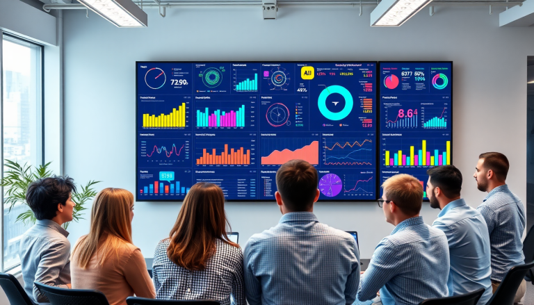 Marketing team utilizing an AI data visualization tool displaying automated marketing analytics, AI-powered dashboards, cross-channel visualization, and campaign performance insights for interactive data reports.
