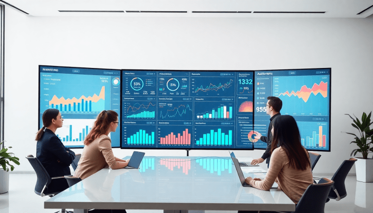 Team using an AI data visualization tool for marketing analytics automation, featuring AI reporting assistant, automated dashboard creation, cross-channel performance tracking, and ROI tracking dashboard on TapClicks AI platform.