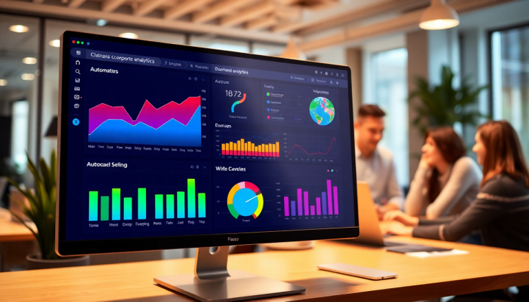 "Funnel.io alternative marketing analytics dashboard displaying automated performance reports and client dashboard insights in a modern office setting, illustrating cross-channel analytics and reporting automation for agencies."