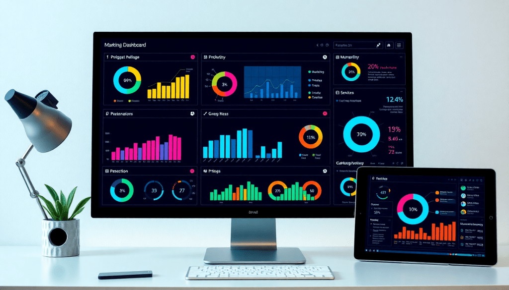 Automated KPI reporting dashboard showcasing marketing analytics automation, AI reporting assistant, and cross-channel performance tracking with vibrant data visualization on computer screens.