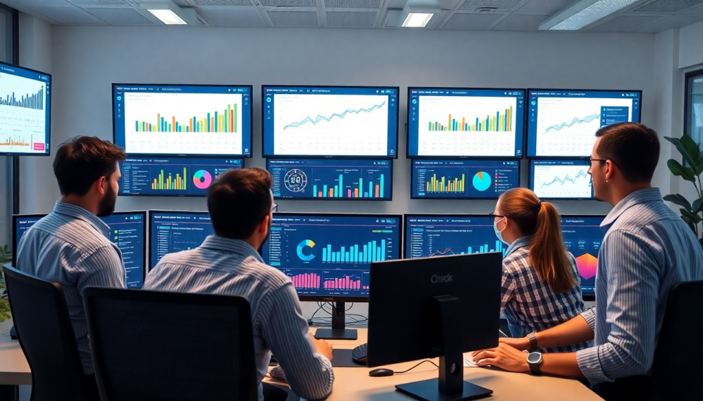 Professionals analyzing data on multiple screens, using a cross-channel reporting tool as a NinjaCat alternative for agency reporting and automated marketing reports.