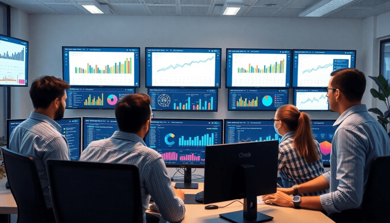 Professionals analyzing data on multiple screens, using a cross-channel reporting tool as a NinjaCat alternative for agency reporting and automated marketing reports.