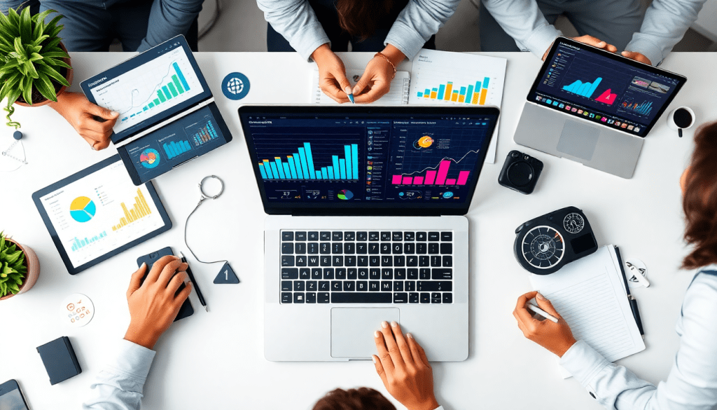 Team using reporting software for agencies on laptops and tablets, showcasing automated marketing reports, client dashboard platforms, and cross-channel reporting tools for agency reporting automation and campaign performance tracking.