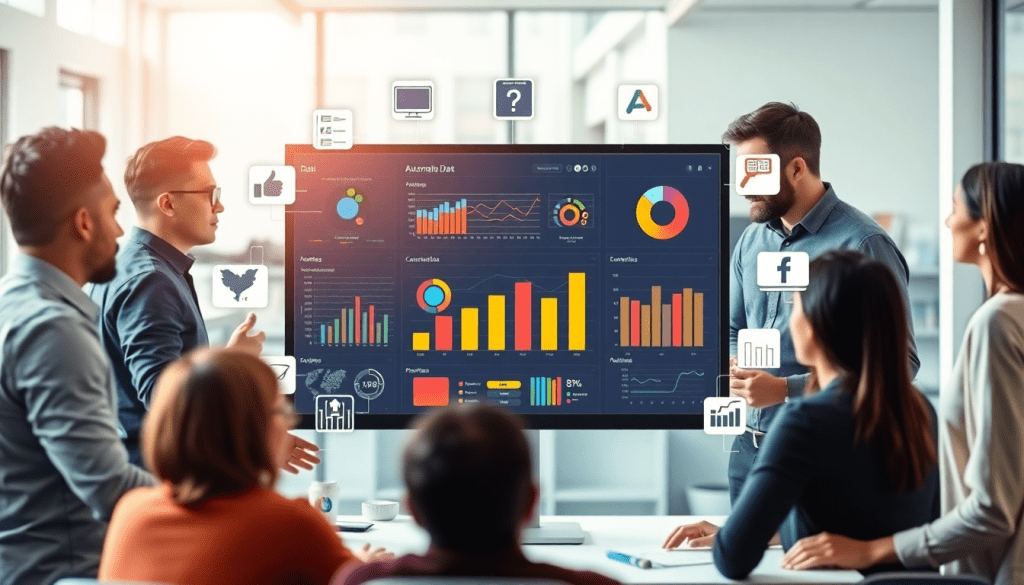 A team discusses performance marketing reporting software with an automated campaign reporting dashboard displaying performance analytics, ROAS tracking, and digital advertising insights for cross-channel campaign tracking.
