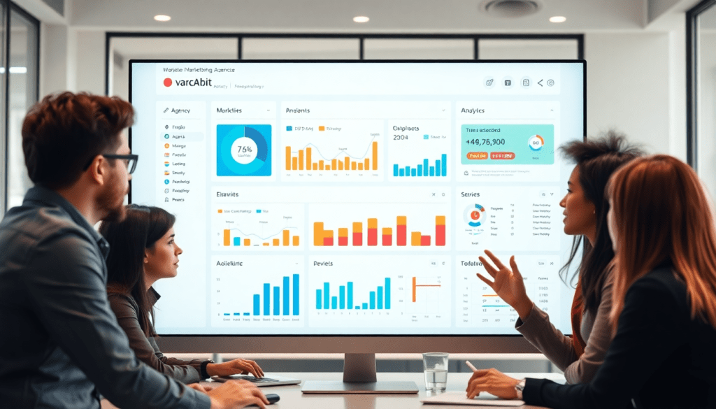 Team of agency professionals discussing a white-label marketing dashboard for agencies, focusing on customizable client dashboards, automated data visualization, and cross-channel agency reporting.