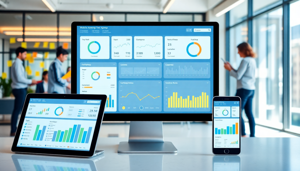 A modern office setting with various devices displaying analytics dashboards, showcasing automated marketing reports and cross-channel reporting tools, ideal for agencies seeking a NinjaCat alternative.