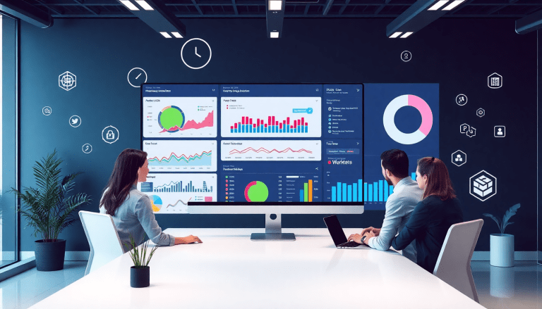 A team of professionals examines a performance marketing reporting software on a large screen, featuring automated campaign reporting, performance analytics tool, ad spend optimization dashboard, ROAS tracking platform, and digital advertising insights in a modern office setting.