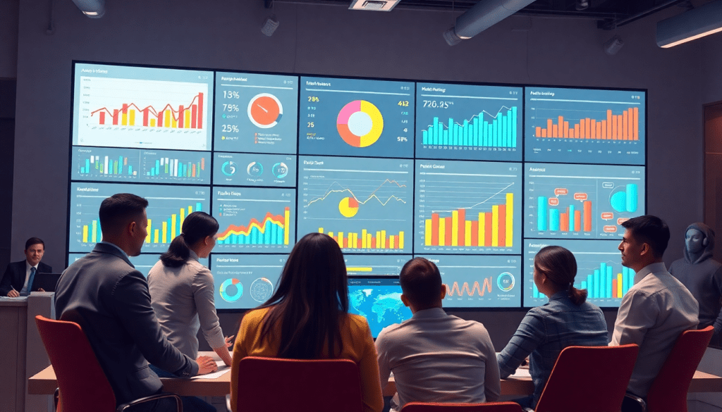 Marketing team using AI data visualization tool for automating analytics, AI reporting, and creating dashboards to track cross-channel performance and client insights on ROI with TapClicks AI platform.