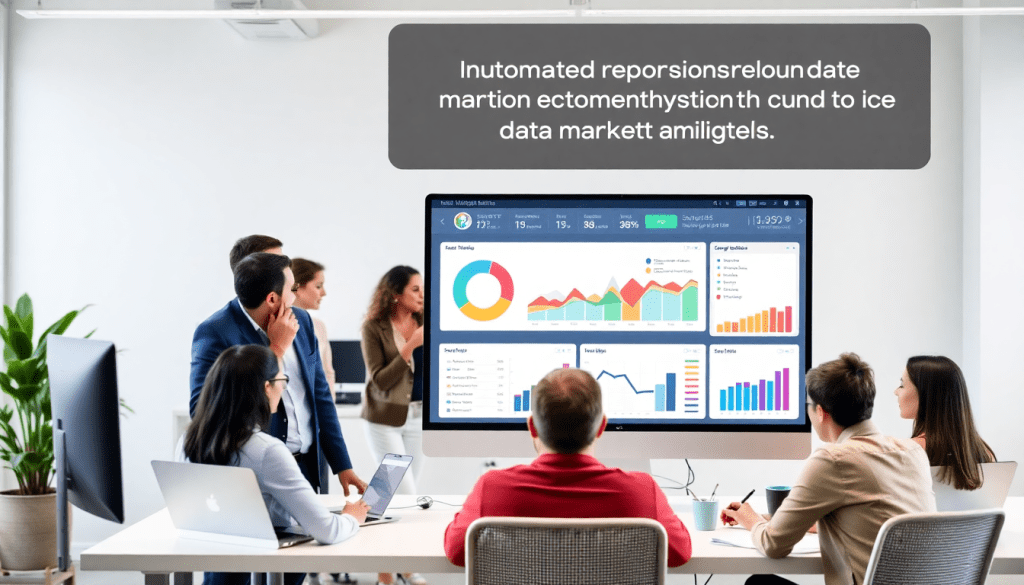 White-label marketing dashboard in use during a team meeting, featuring customizable client dashboards and automated data visualization for agencies, highlighting the benefits of a branded analytics software and cross-channel agency reporting.