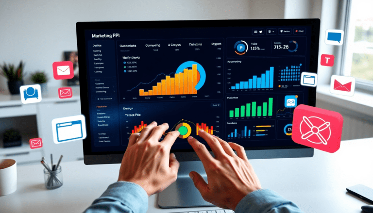 Digital marketing KPI dashboard with marketing metrics visualization on a performance tracking dashboard, displaying campaign KPI monitoring and automated KPI reports, featuring cross-channel analytics, ROI tracking for marketers, digital campaign reporting, marketing data insights, AI marketing dashboard, and interactive performance metrics.