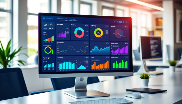 Digital marketing KPI dashboard showing marketing metrics visualization, performance tracking dashboard, campaign KPI monitoring, and automated KPI reports on a computer screen in an office setting.