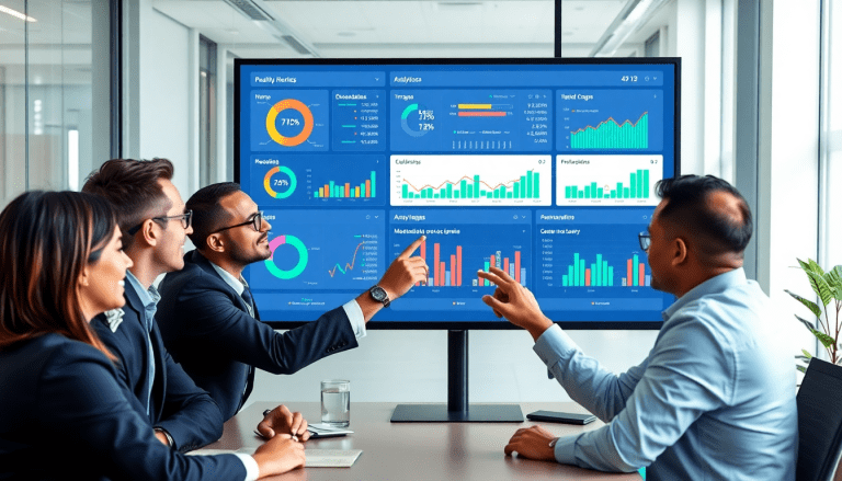 Collaborative team analyzing automated KPI reporting dashboard featuring marketing analytics automation and AI reporting assistant for cross-channel performance tracking and client analytics automation.