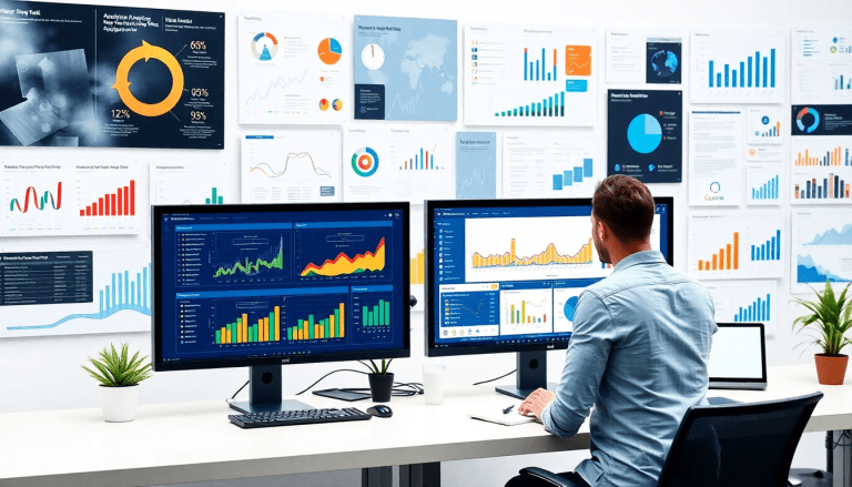 Marketing dashboard automation with analytics display, showcasing automated performance reports, cross-channel analytics, digital marketing data visualization, and performance marketing KPIs for agency reporting automation.