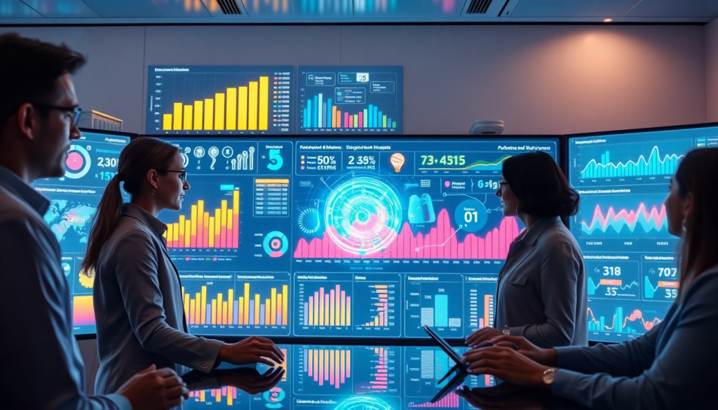 Marketing team analyzing data on AI-powered dashboards, featuring automated marketing analytics, cross-channel visualization, and campaign performance insights for real-time marketing metrics.