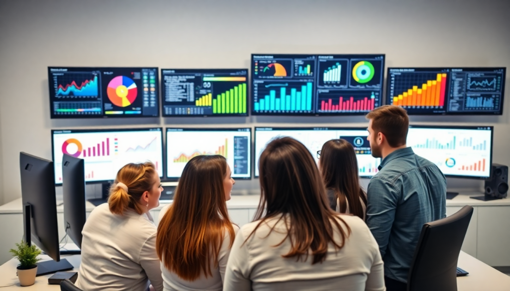 Team analyzing data on multiple screens showcasing automated marketing reports, highlighting NinjaCat alternatives and competitors in reporting software for agencies.