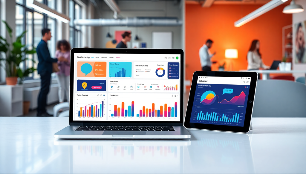 White-label marketing dashboard for agencies displayed on a laptop and tablet, featuring customizable client dashboards, automated data visualization, and cross-channel agency reporting capabilities in a modern office setting.