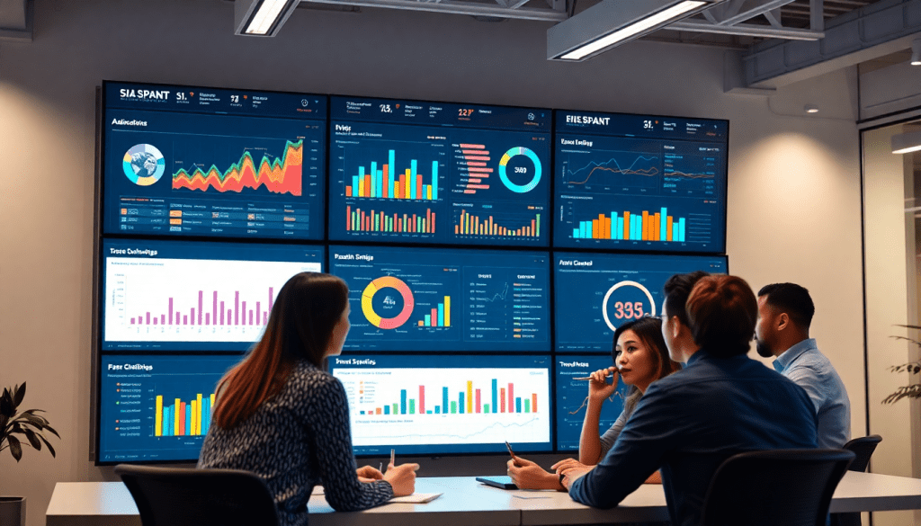 Four professionals discuss data trends using a comprehensive marketing analytics dashboard, featuring automated performance reports and cross-channel insights, illustrating a comparison with Funnel.io alternative platforms.
