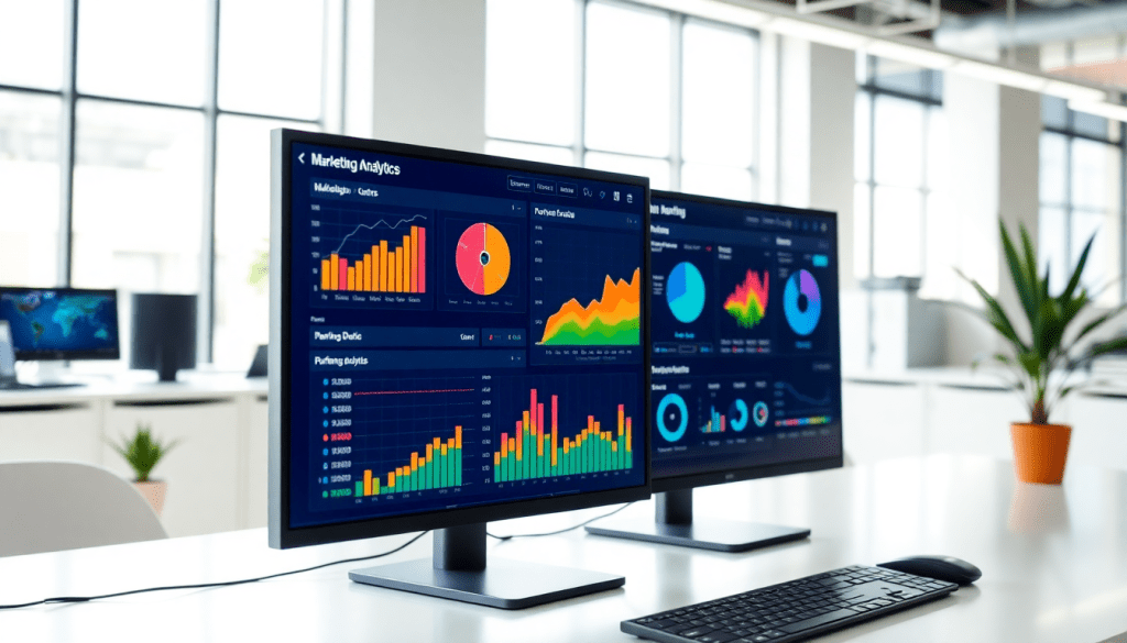 Marketing analytics dashboard displayed on two monitors, highlighting digital marketing data visualization, automated performance reports, and cross-channel analytics for client dashboard insights.